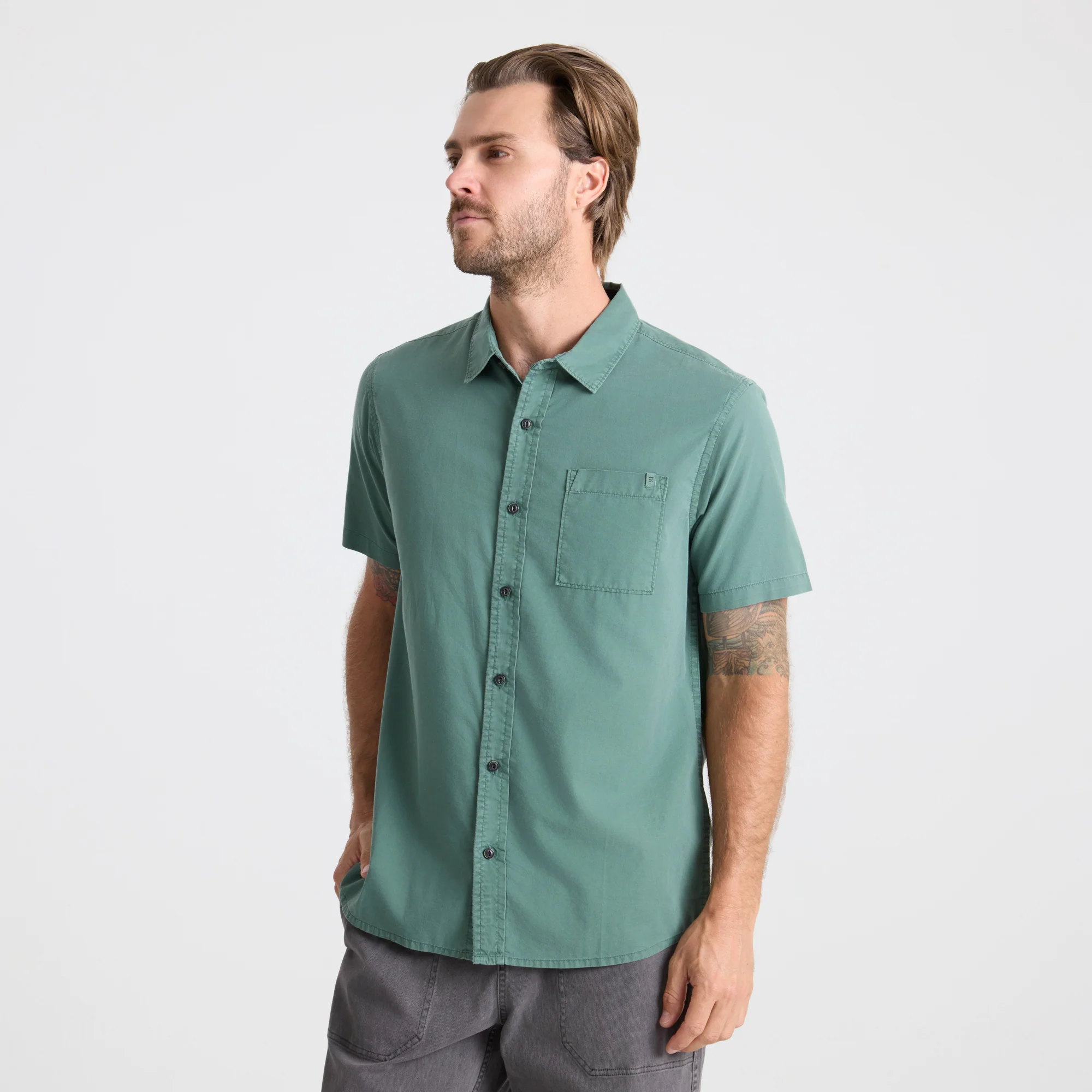 Made To Fade Short Sleeve Button Up Shirt - Washed Slate Green - Image 3
